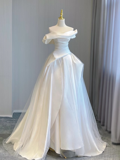 Dream Ball Gown Off The Shoulder Satin White Wedding Dress With Sleeves Fairytale Formal Wedding Dresses AU148