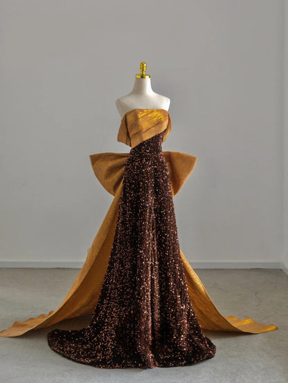 Elegant Mermaid Strapless Gold With Bow Sequin Long Birthday Outfits Semi Formal Gown Wedding Guest Dresses RB6596