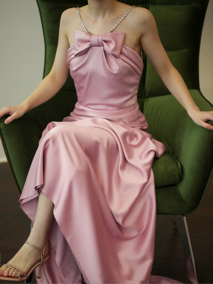 Zeitloses A-Linie Neckholder-Rosa Satin Langes Ballkleid Partykleid Geburtstags-Outfits Abschlusskleid AU149