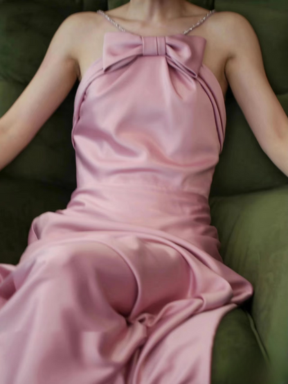 Zeitloses A-Linie Neckholder-Rosa Satin Langes Ballkleid Partykleid Geburtstags-Outfits Abschlusskleid AU149