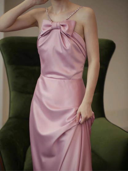 Zeitloses A-Linie Neckholder-Rosa Satin Langes Ballkleid Partykleid Geburtstags-Outfits Abschlusskleid AU149