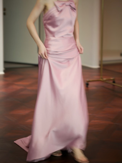 Zeitloses A-Linie Neckholder-Rosa Satin Langes Ballkleid Partykleid Geburtstags-Outfits Abschlusskleid AU149