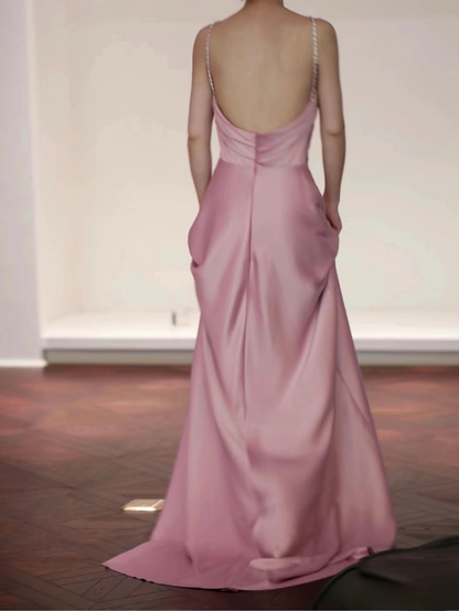 Zeitloses A-Linie Neckholder-Rosa Satin Langes Ballkleid Partykleid Geburtstags-Outfits Abschlusskleid AU149