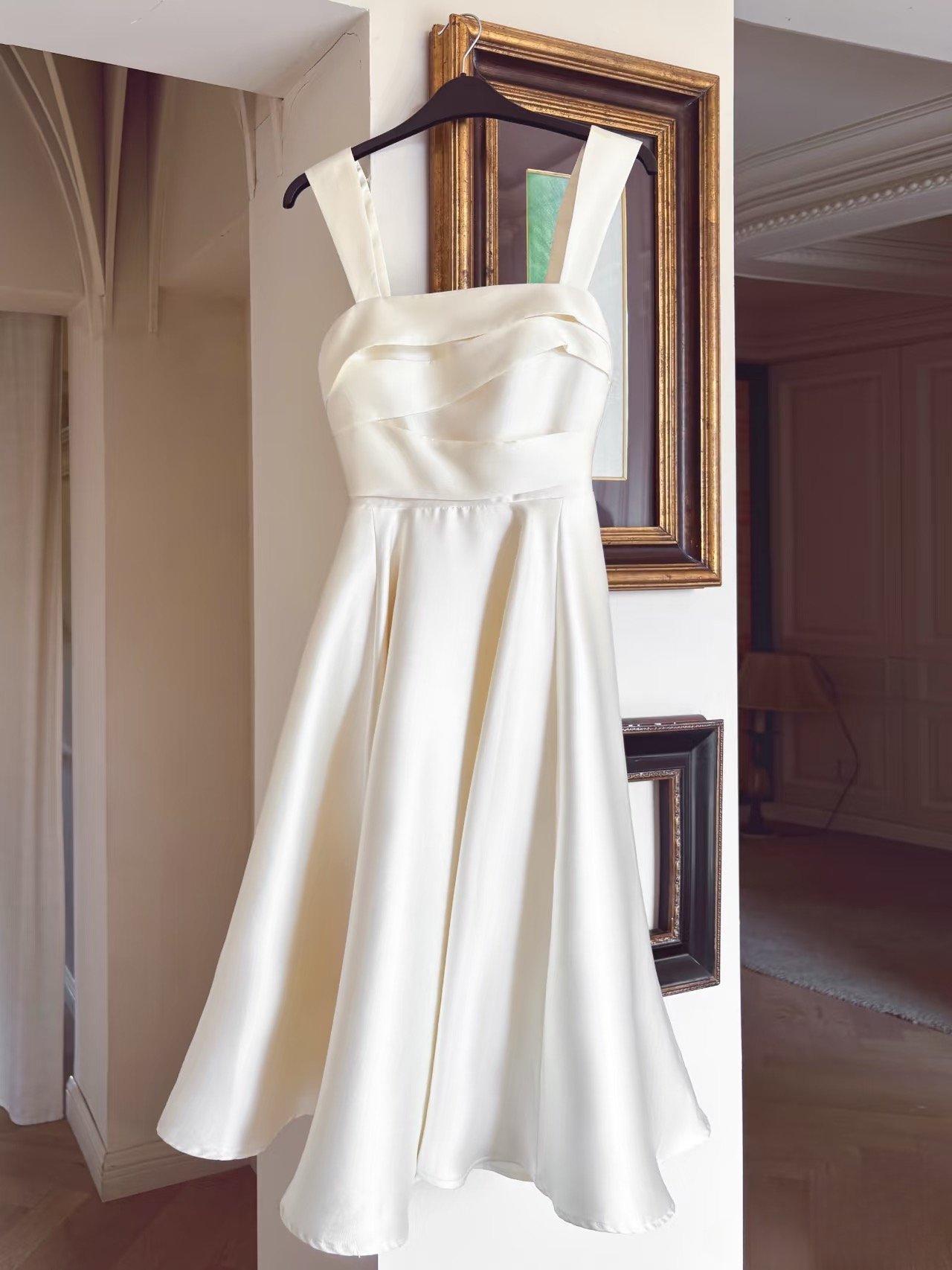 Elegant A Line Square Neck White Satin Tea Length Prom Dresses Party Gowns AU150