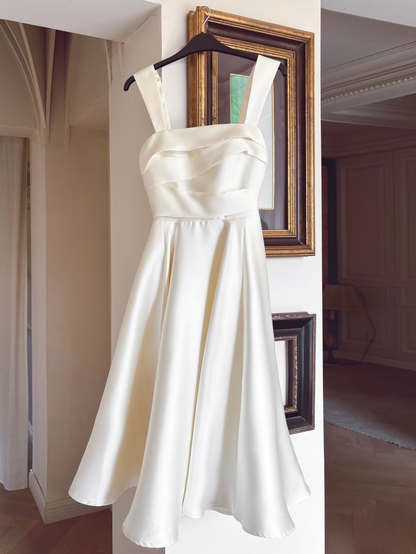 Elegant A Line Square Neck White Satin Tea Length Prom Dresses Party Gowns AU150
