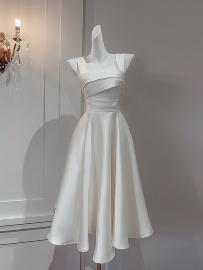 Elegant A Line Square Neck White Satin Tea Length Prom Dresses Party Gowns AU150
