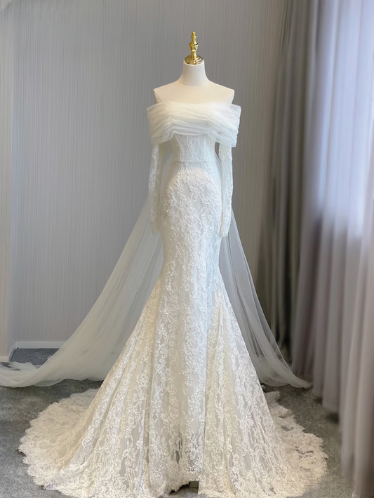 Dream Mermaid Off The Shoulder Long Sleeves Lace White Wedding Dress Fairy Formal Brides Gown Wedding Dresses AU155