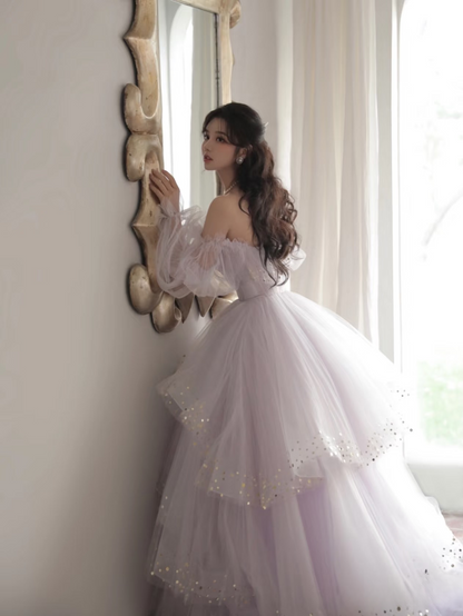 Robe de bal élégante, col carré, lilas, manches longues, robe de soirée unique, robe de remise de diplôme, AU146