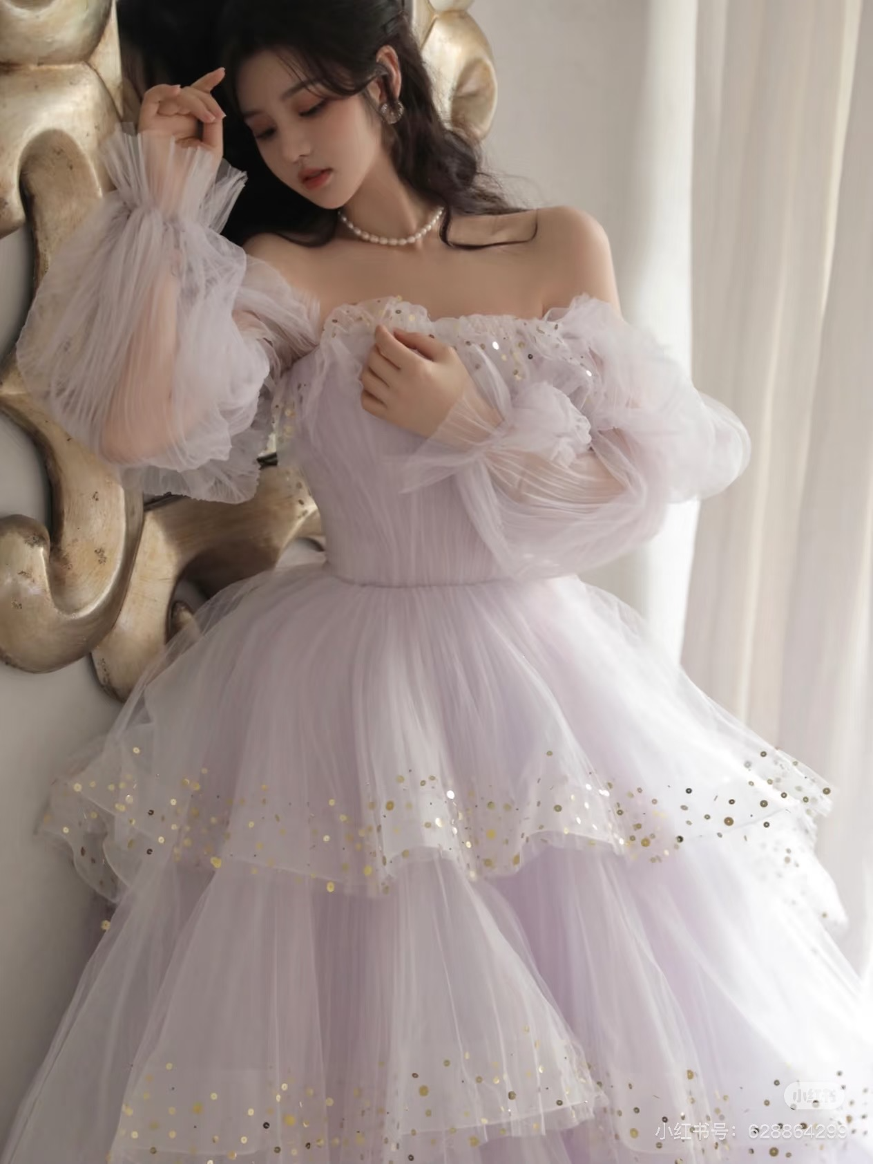 Robe de bal élégante, col carré, lilas, manches longues, robe de soirée unique, robe de remise de diplôme, AU146