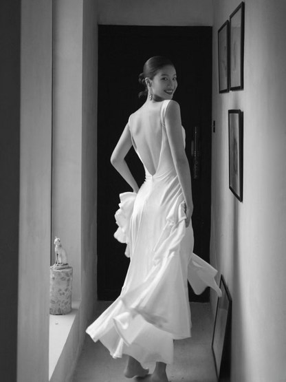 Dream Mermaid Straps White Satin Long Wedding Dress Fairytale Autumn Wedding Dresses AU153