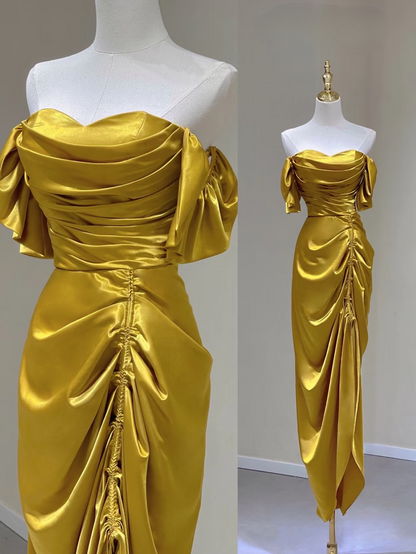 Robe de bal longue en satin doré, fourreau intemporelle, épaules dénudées, tenue de soirée, d'anniversaire, de remise de diplôme, AU154
