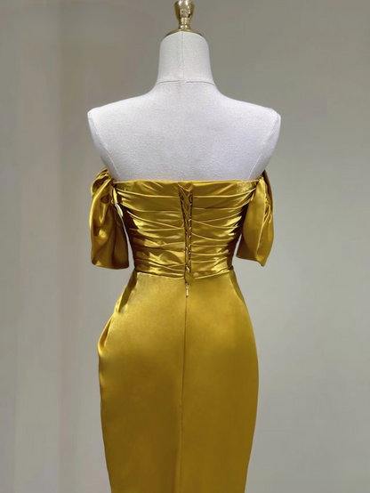 Robe de bal longue en satin doré, fourreau intemporelle, épaules dénudées, tenue de soirée, d'anniversaire, de remise de diplôme, AU154