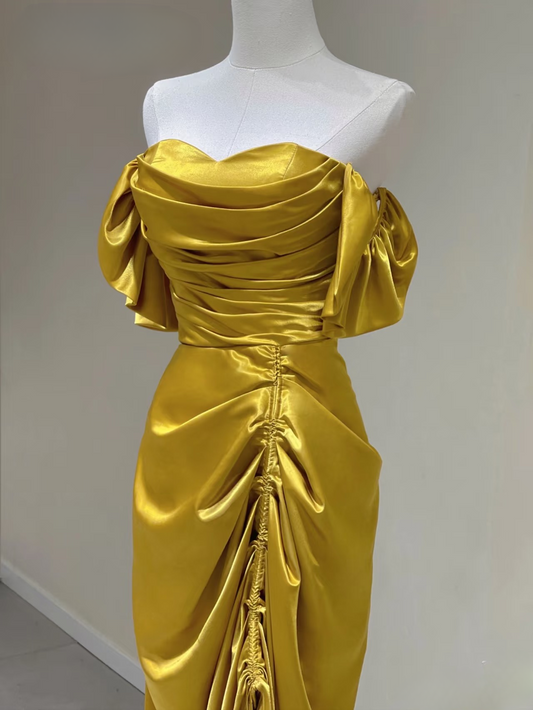 Timeless Sheath Off The Shoulder Gold Satin Long Prom Dresses Party Dress Birthday Outfits Graduation Dress AU154