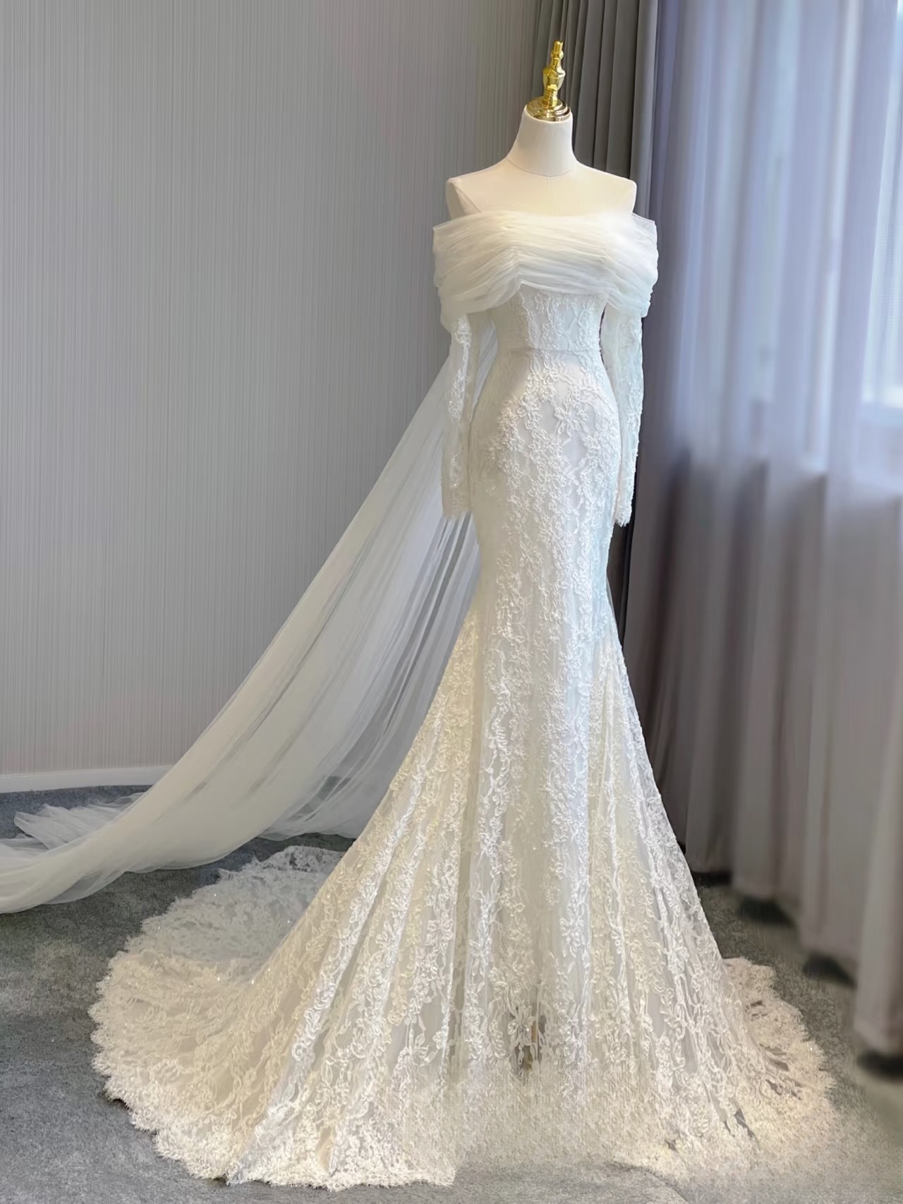 Robe de mariée blanche en dentelle, épaules dénudées, manches longues, style sirène, tenue de soirée féerique, AU155