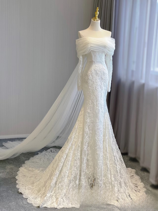 Dream Mermaid Off The Shoulder Long Sleeves Lace White Wedding Dress Fairy Formal Brides Gown Wedding Dresses AU155