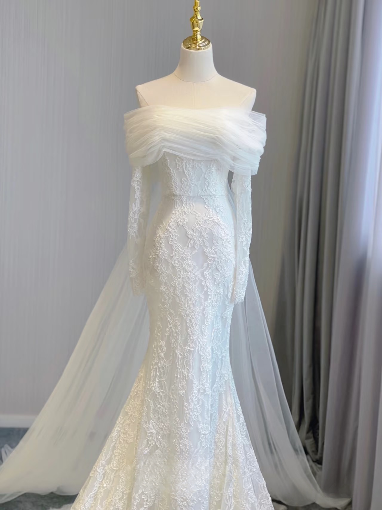 Robe de mariée blanche en dentelle, épaules dénudées, manches longues, style sirène, tenue de soirée féerique, AU155