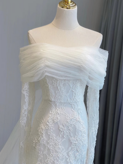 Robe de mariée blanche en dentelle, épaules dénudées, manches longues, style sirène, tenue de soirée féerique, AU155
