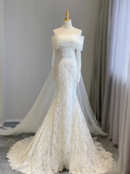 Robe de mariée blanche en dentelle, épaules dénudées, manches longues, style sirène, tenue de soirée féerique, AU155