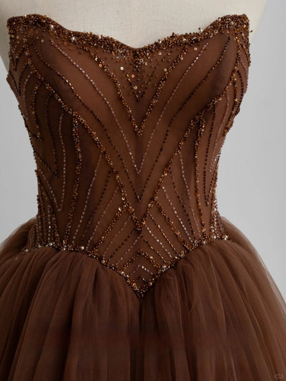 Modest Ball Gown Sweetheart Tulle Brown Prom Dresses Long Sweet 16 Birthday Party Dress Evening Dresses AU155