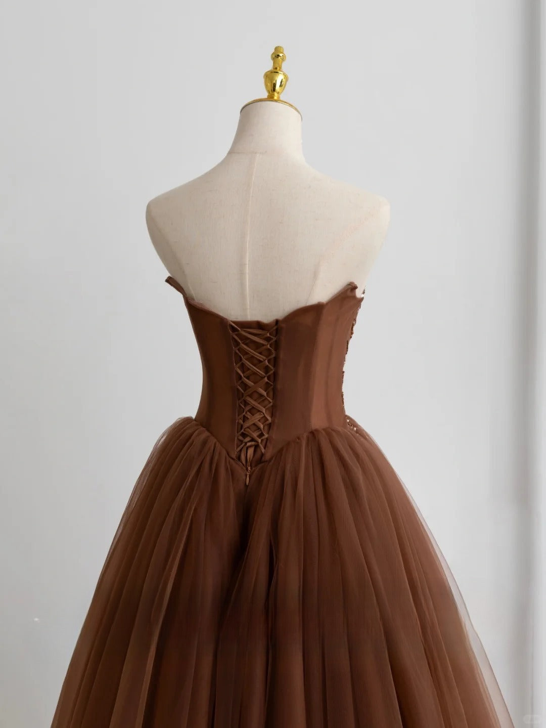Modest Ball Gown Sweetheart Tulle Brown Prom Dresses Long Sweet 16 Birthday Party Dress Evening Dresses AU155