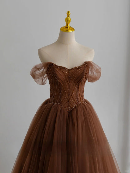 Modest Ball Gown Sweetheart Tulle Brown Prom Dresses Long Sweet 16 Birthday Party Dress Evening Dresses AU155