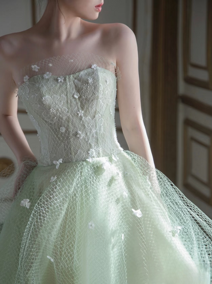 Elegant High Low Strapless Mint Green Tulle Prom Dresses Unique Party Formal Graduation Dress AU156