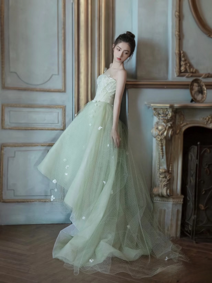 Elegant High Low Strapless Mint Green Tulle Prom Dresses Unique Party Formal Graduation Dress AU156