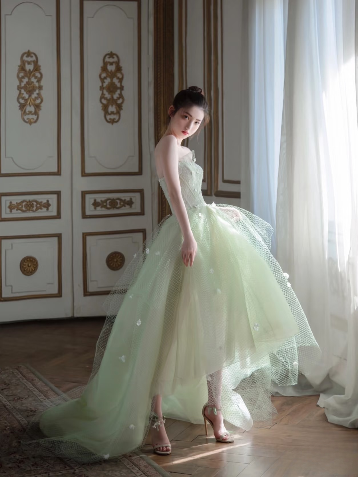 Elegant High Low Strapless Mint Green Tulle Prom Dresses Unique Party Formal Graduation Dress AU156