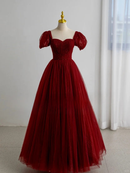 Robe de bal modeste en tulle bordeaux à décolleté cœur, robe de soirée longue pour fête d'anniversaire de 16 ans, AU156