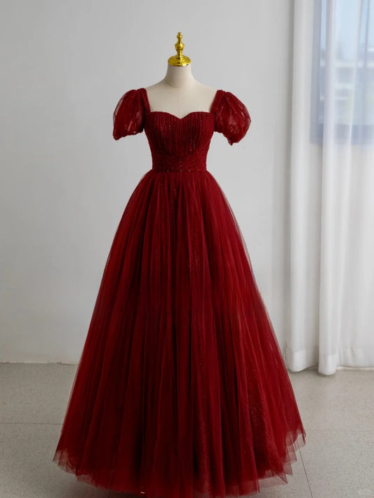 Elegantes Ballkleid mit Herzausschnitt aus burgunderrotem Tüll, langes Abendkleid für den 16. Geburtstag, AU156