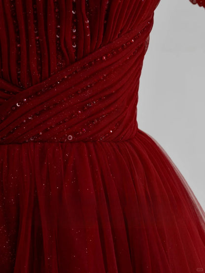 Robe de bal modeste en tulle bordeaux à décolleté cœur, robe de soirée longue pour fête d'anniversaire de 16 ans, AU156