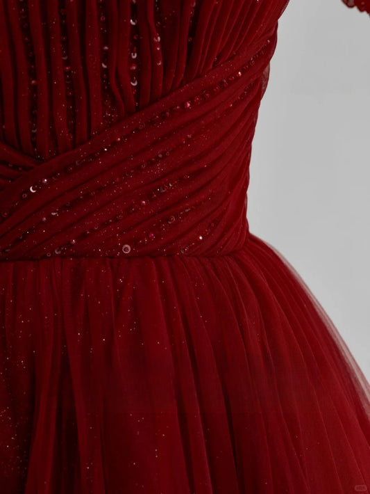 Elegantes Ballkleid mit Herzausschnitt aus burgunderrotem Tüll, langes Abendkleid für den 16. Geburtstag, AU156