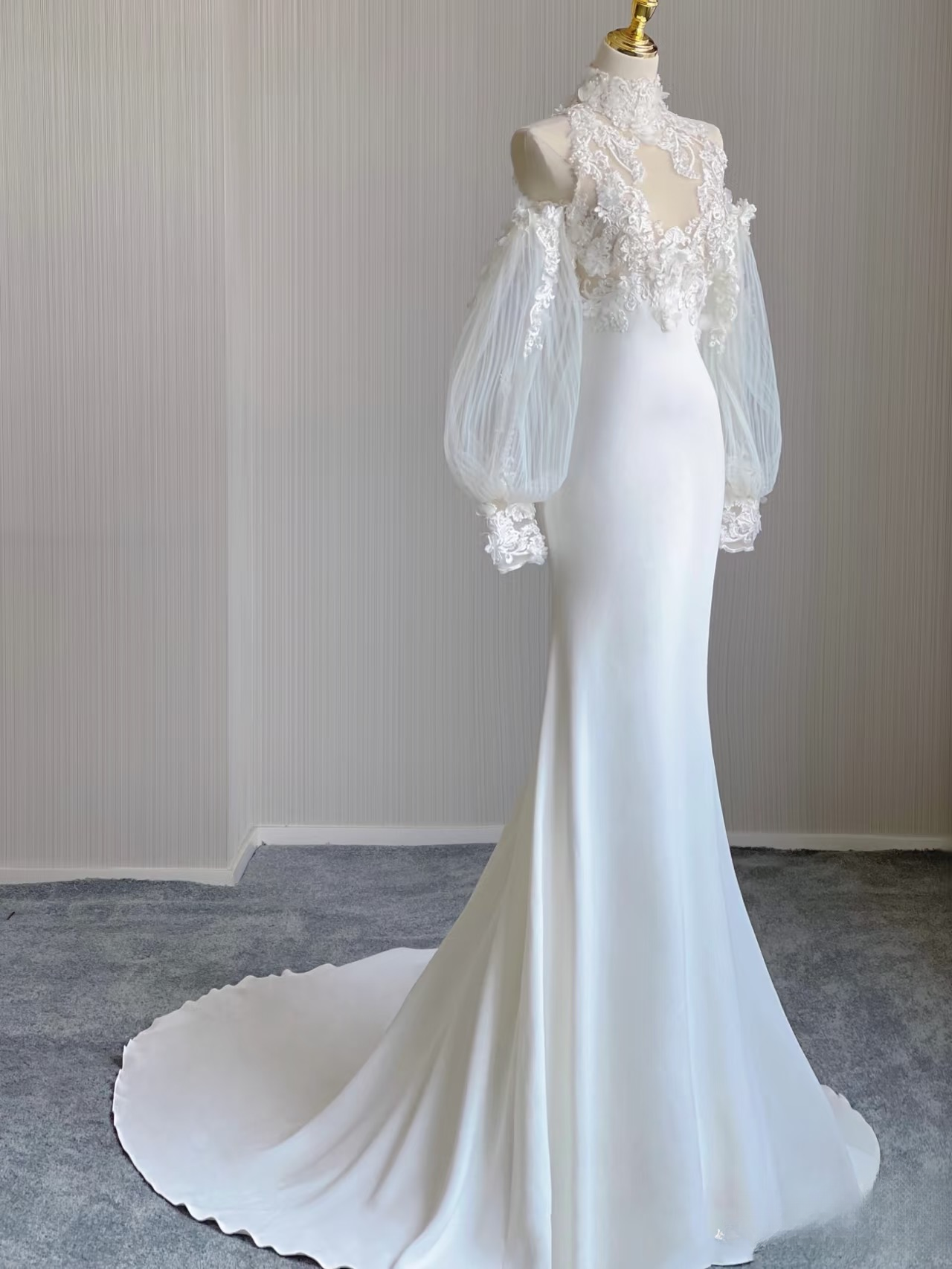 Robe de mariée blanche en dentelle, style sirène, col haut, sans manches, tenue de soirée féerique, AU159