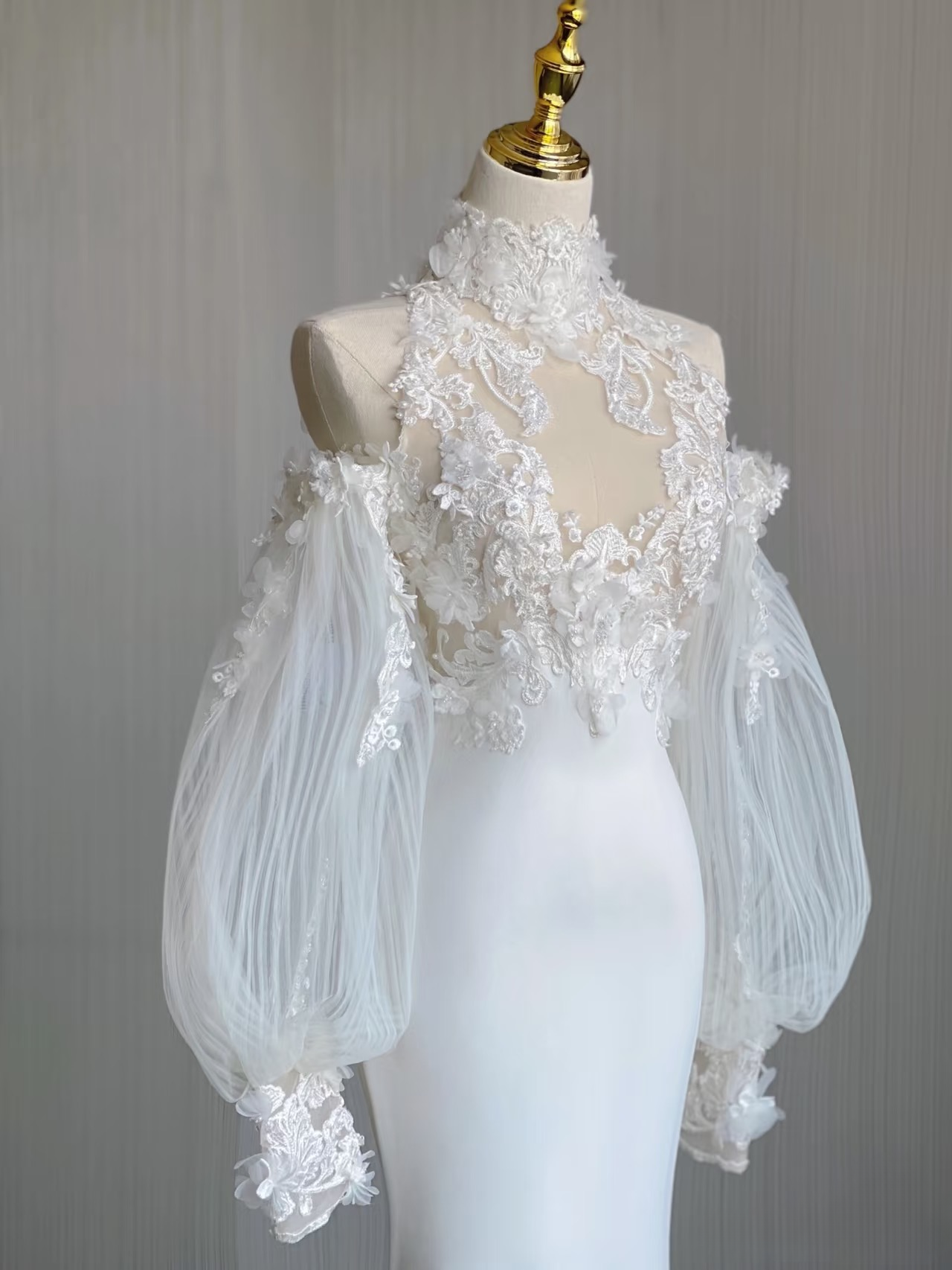 Robe de mariée blanche en dentelle, style sirène, col haut, sans manches, tenue de soirée féerique, AU159