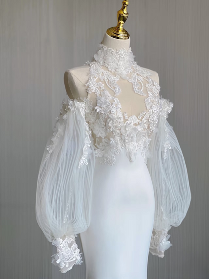 Robe de mariée blanche en dentelle, style sirène, col haut, sans manches, tenue de soirée féerique, AU159