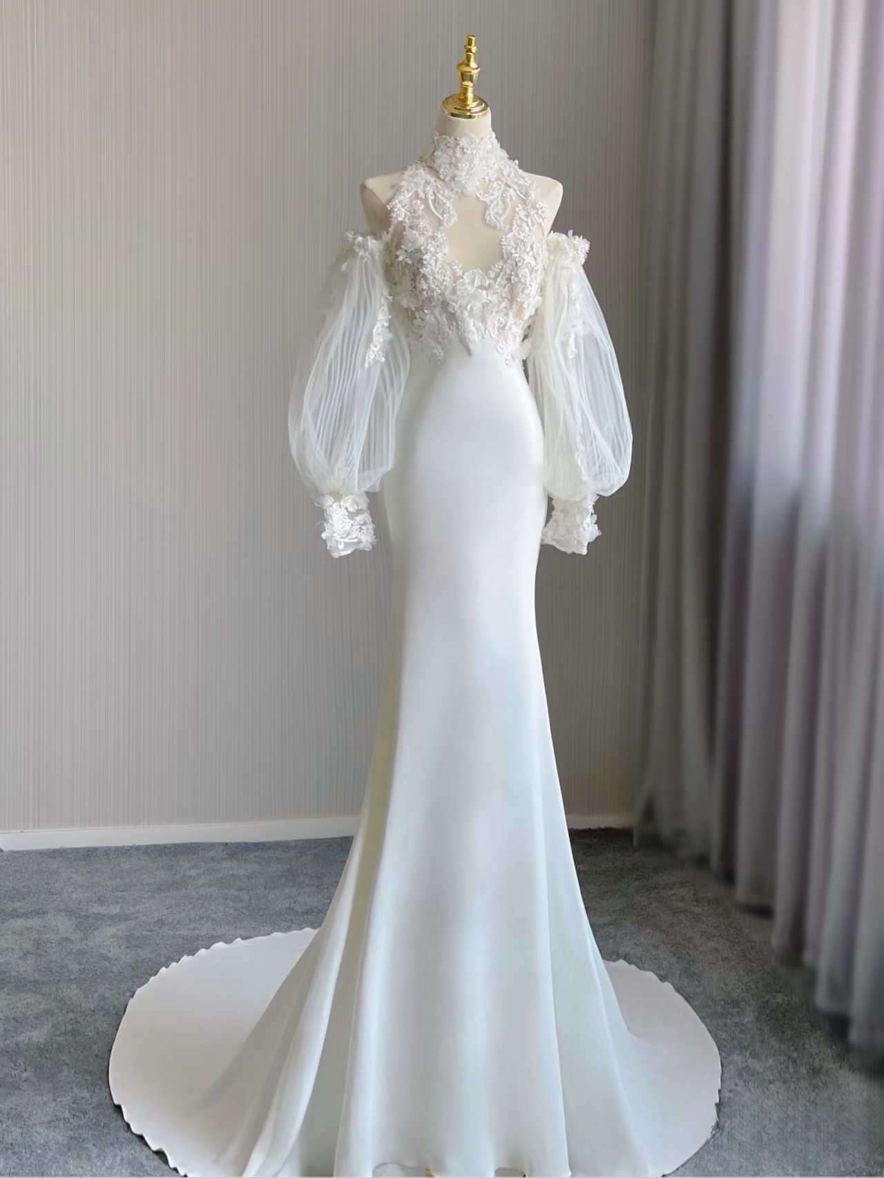 Robe de mariée blanche en dentelle, style sirène, col haut, sans manches, tenue de soirée féerique, AU159