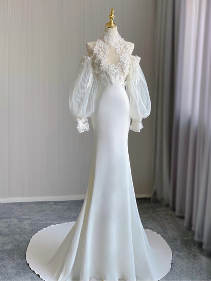 Robe de mariée blanche en dentelle, style sirène, col haut, sans manches, tenue de soirée féerique, AU159