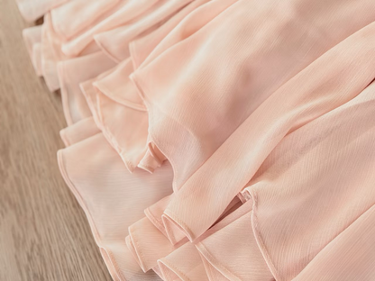 Robe de bal rose en mousseline de soie et dentelle, coupe trapèze, bretelles spaghetti, style modeste, référence AU158