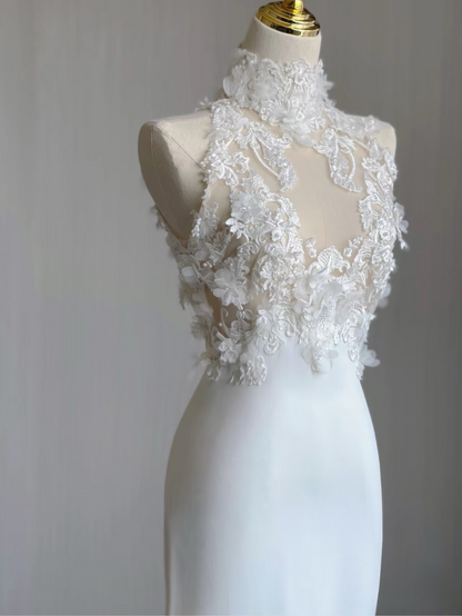 Robe de mariée blanche en dentelle, style sirène, col haut, sans manches, tenue de soirée féerique, AU159