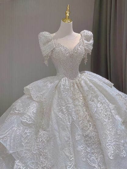 Robe de mariée longue en dentelle blanche, col en V, manches courtes, style conte de fées, automne et printemps, AU160