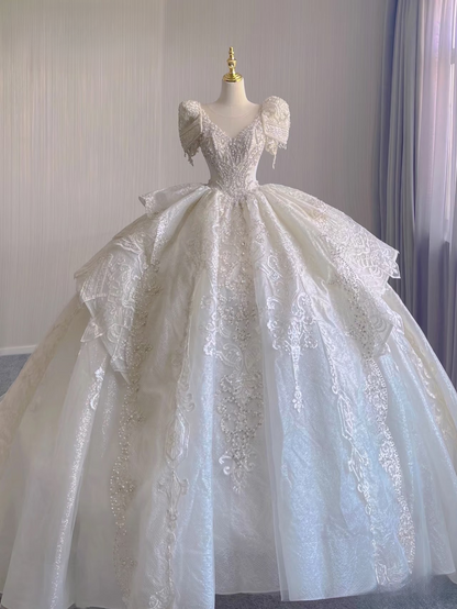 Robe de mariée longue en dentelle blanche, col en V, manches courtes, style conte de fées, automne et printemps, AU160