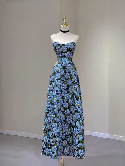 Zeitloses A-Linie Sweetheart Blau Floral Satin Langes Ballkleid Partykleid Geburtstags-Outfits Abschlusskleid AU161