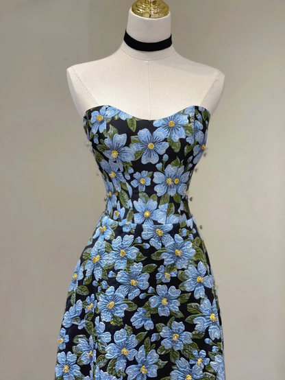 Zeitloses A-Linie Sweetheart Blau Floral Satin Langes Ballkleid Partykleid Geburtstags-Outfits Abschlusskleid AU161