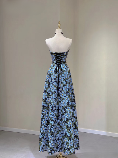 Zeitloses A-Linie Sweetheart Blau Floral Satin Langes Ballkleid Partykleid Geburtstags-Outfits Abschlusskleid AU161