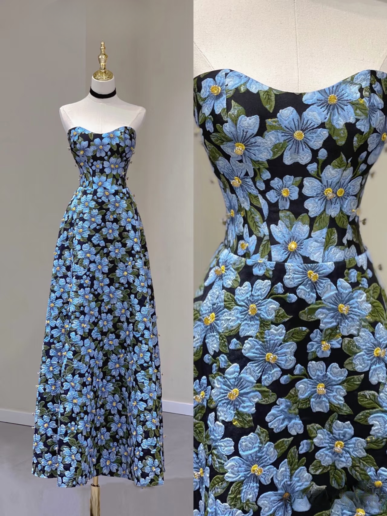 Zeitloses A-Linie Sweetheart Blau Floral Satin Langes Ballkleid Partykleid Geburtstags-Outfits Abschlusskleid AU161