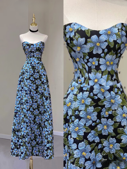 Zeitloses A-Linie Sweetheart Blau Floral Satin Langes Ballkleid Partykleid Geburtstags-Outfits Abschlusskleid AU161