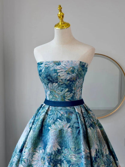 Elegantes, trägerloses Ballkleid aus blauem Satin mit Blumenmuster, langes Kleid für den 16. Geburtstag, Abendkleid AU161