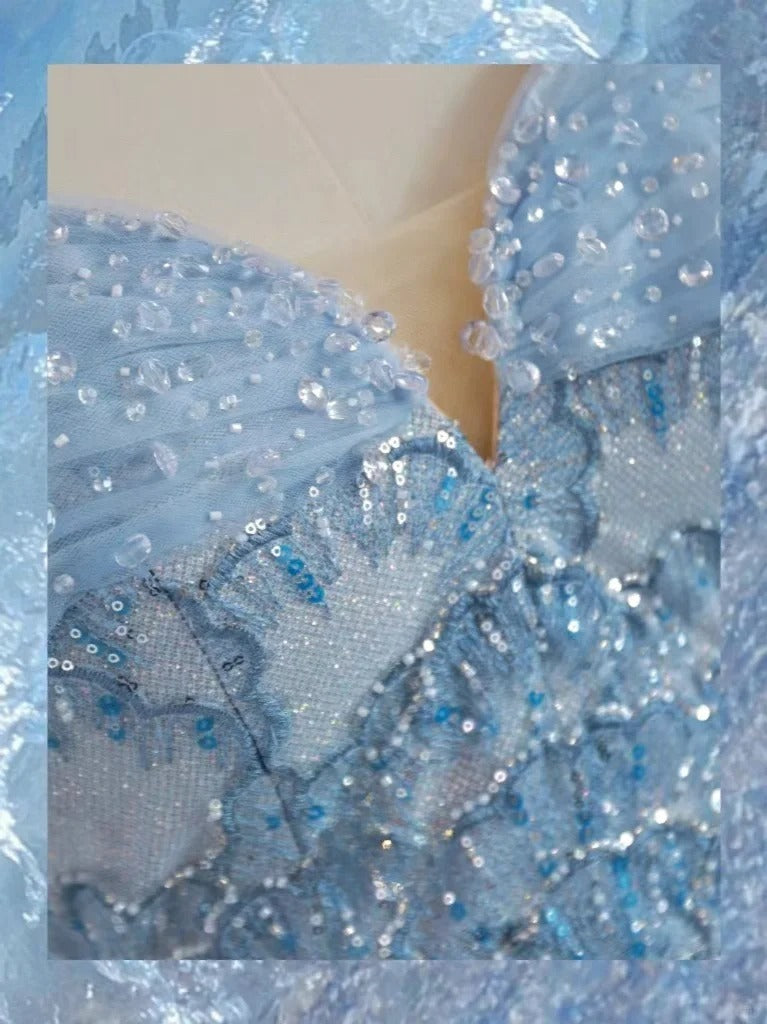 Pretty A line Off The Shoulder Blue Sequined With Sleeves Prom Dresses Long Evening Party Formal Outfits RB6614