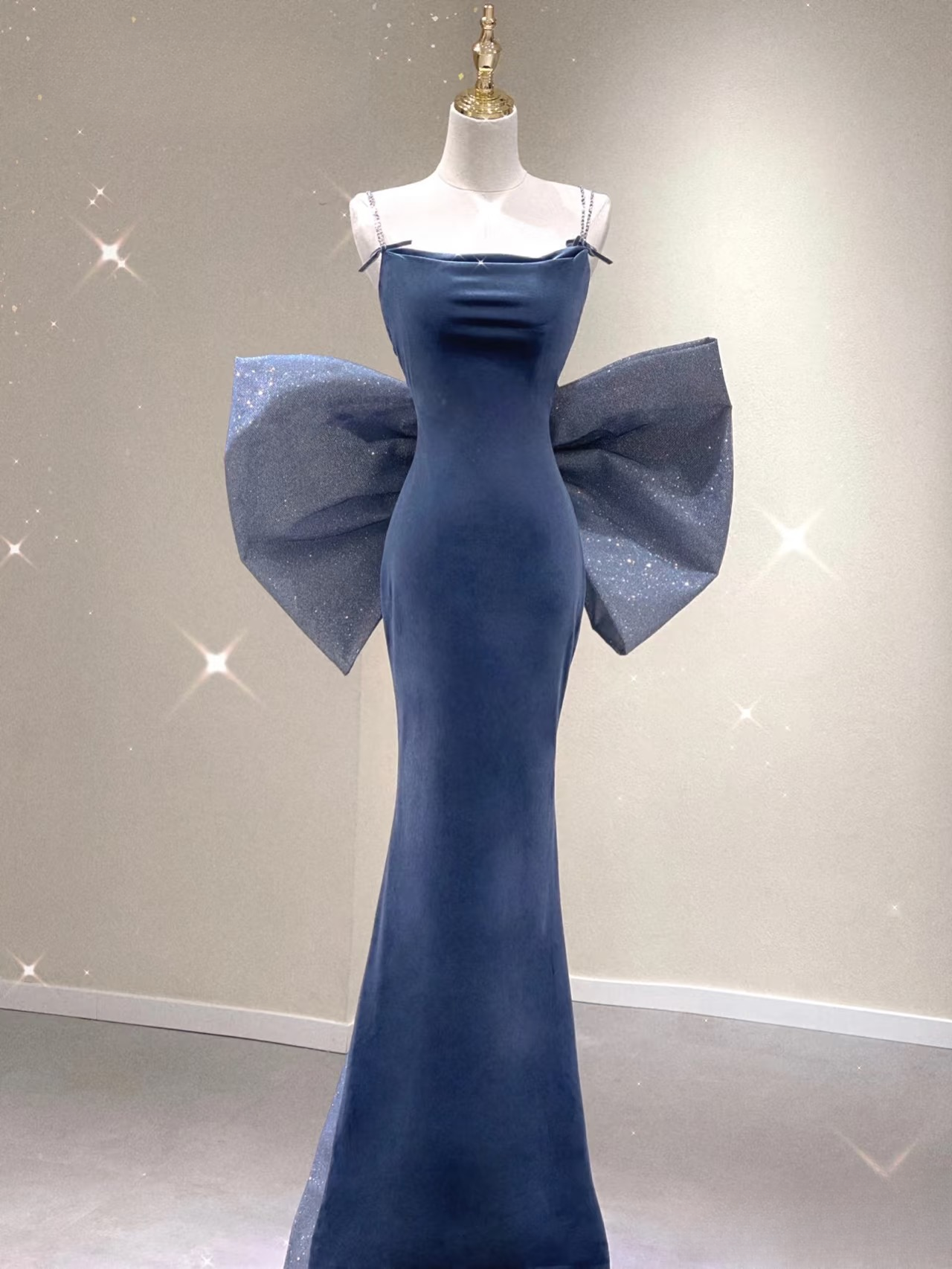 Robe de bal longue à paillettes bleu marine, style sirène, bretelles spaghetti, intemporelle, tenue de soirée, d'anniversaire, de remise de diplôme, AU162