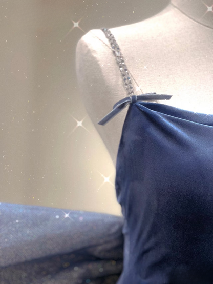 Robe de bal longue à paillettes bleu marine, style sirène, bretelles spaghetti, intemporelle, tenue de soirée, d'anniversaire, de remise de diplôme, AU162